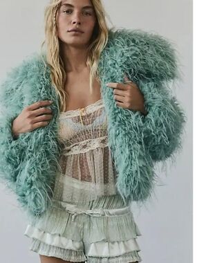 Free People Mint Green Teddy Feather Jacket